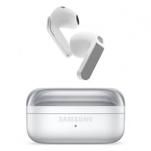Samsung Galaxy Buds4 trådløse høretelefoner, hvid, aktiv støjreduktion, opladningsetui med Samsung-logo.