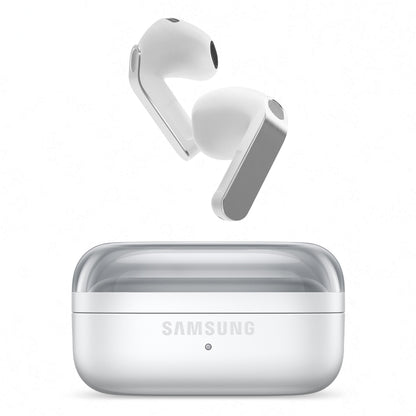 Samsung Galaxy Buds4 trådløse høretelefoner, hvid, aktiv støjreduktion, opladningsetui med Samsung-logo.