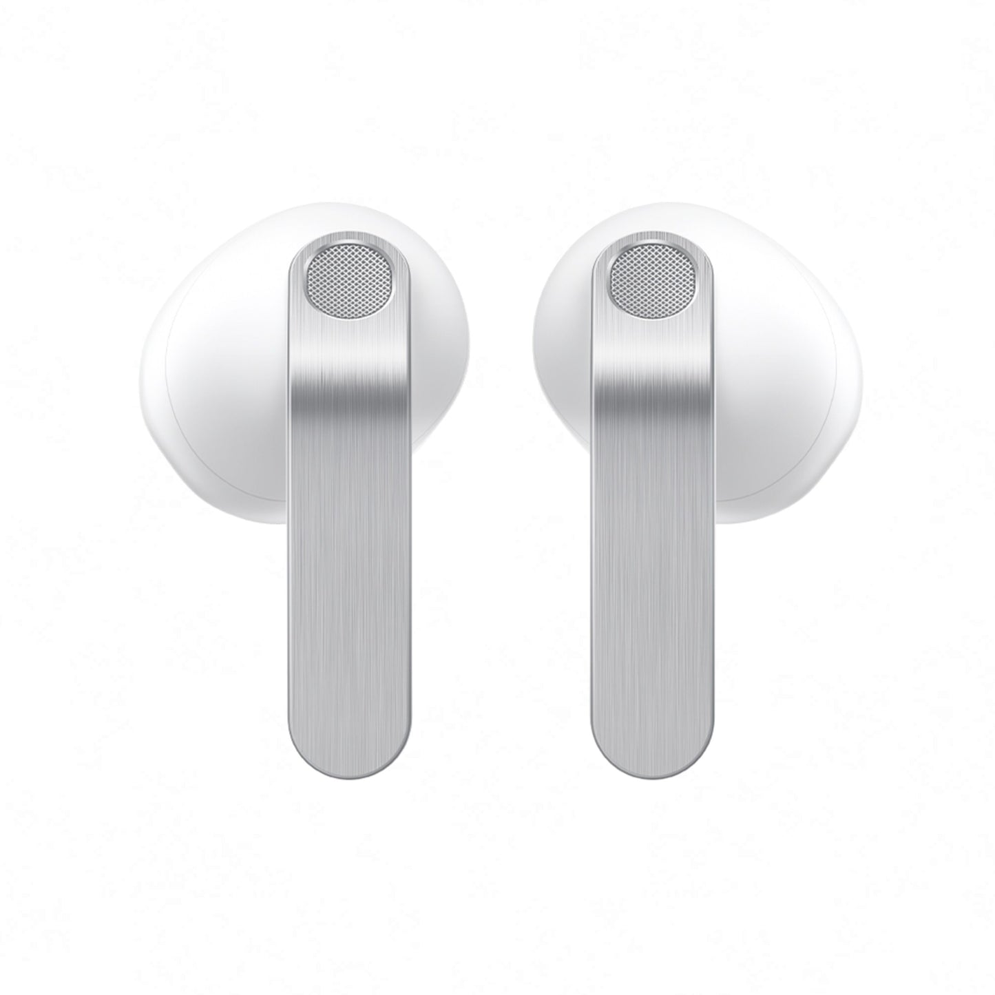 Samsung Galaxy Buds4 hvid med sølvfarvede stilke, aktiv støjreduktion, in-ear true wireless design.