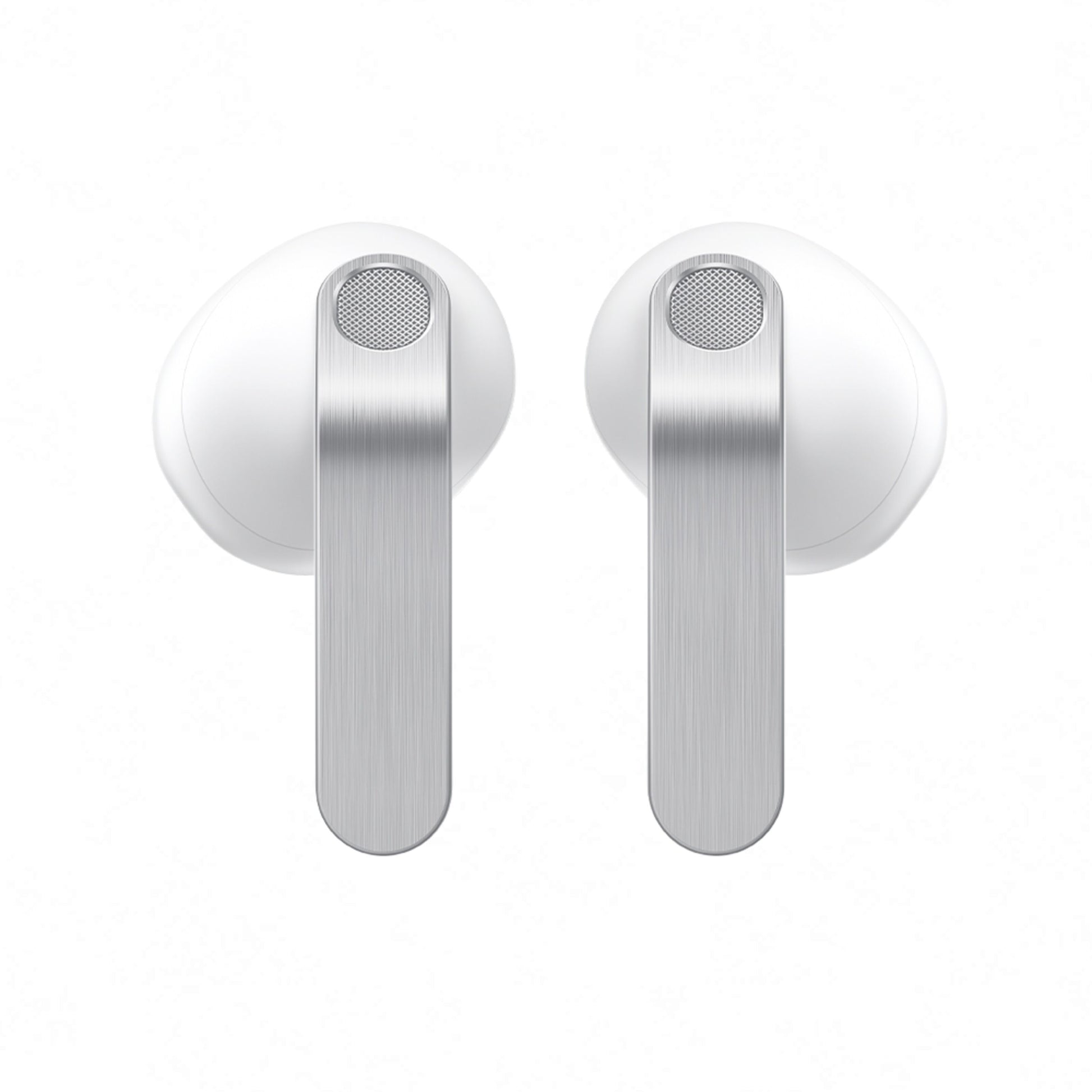 Samsung Galaxy Buds4 hvid med sølvfarvede stilke, aktiv støjreduktion, in-ear true wireless design.
