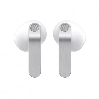 Samsung Galaxy Buds4 hvid med sølvfarvede stilke, aktiv støjreduktion, in-ear true wireless design.