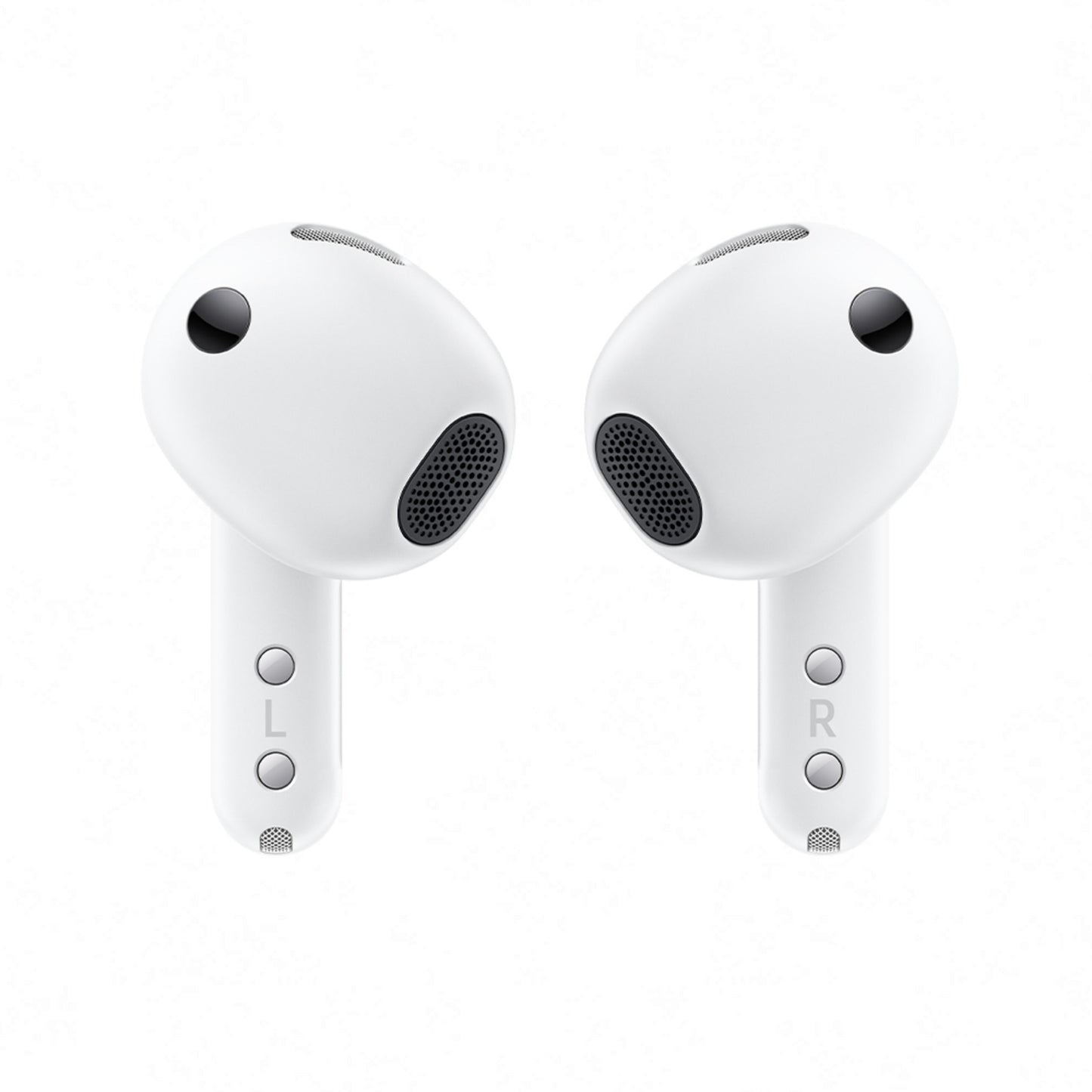 Samsung Galaxy Buds4 trådløse høretelefoner i hvid med L og R mærker, små lydgitre og aktiv støjreduktion.