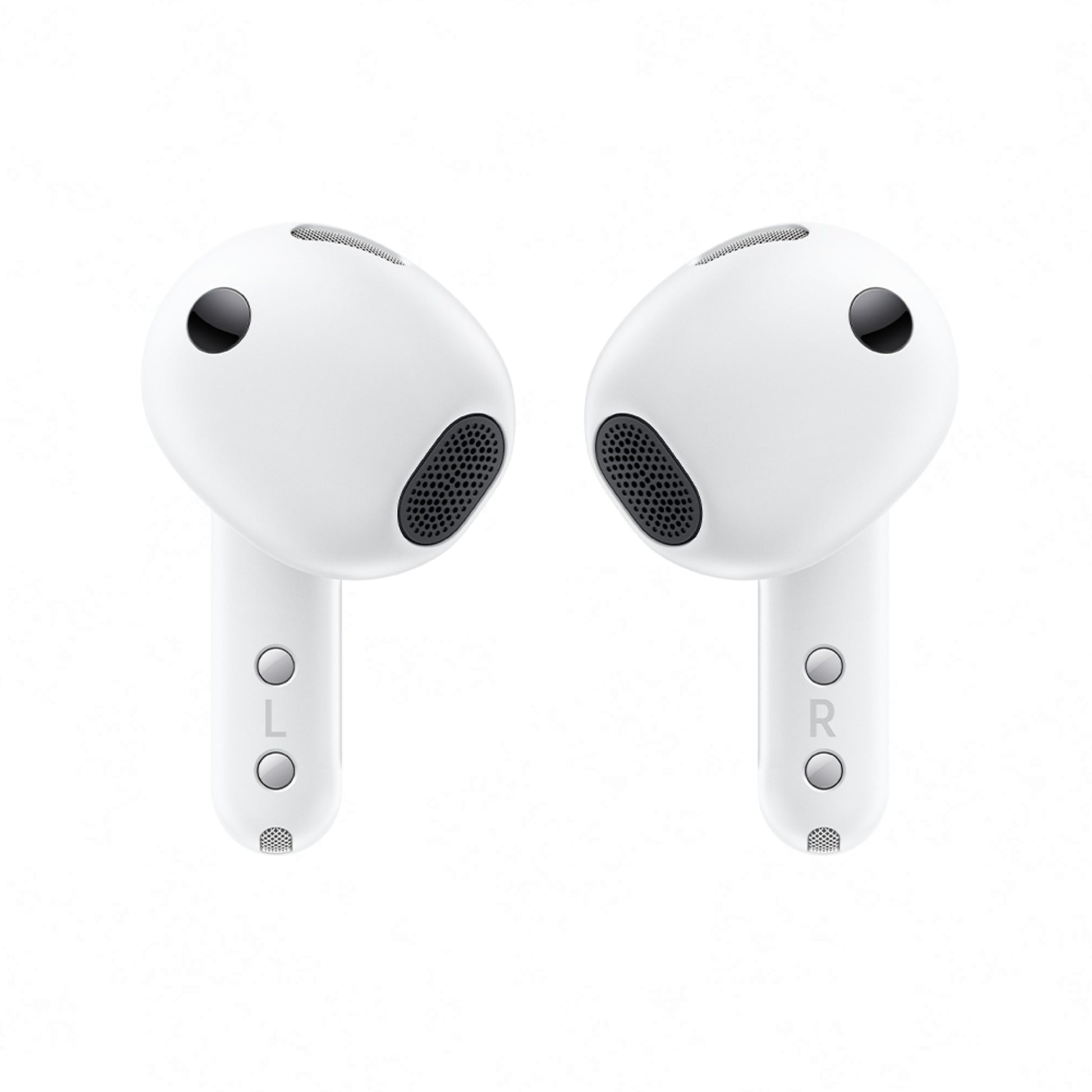 Samsung Galaxy Buds4 trådløse høretelefoner i hvid med L og R mærker, små lydgitre og aktiv støjreduktion.