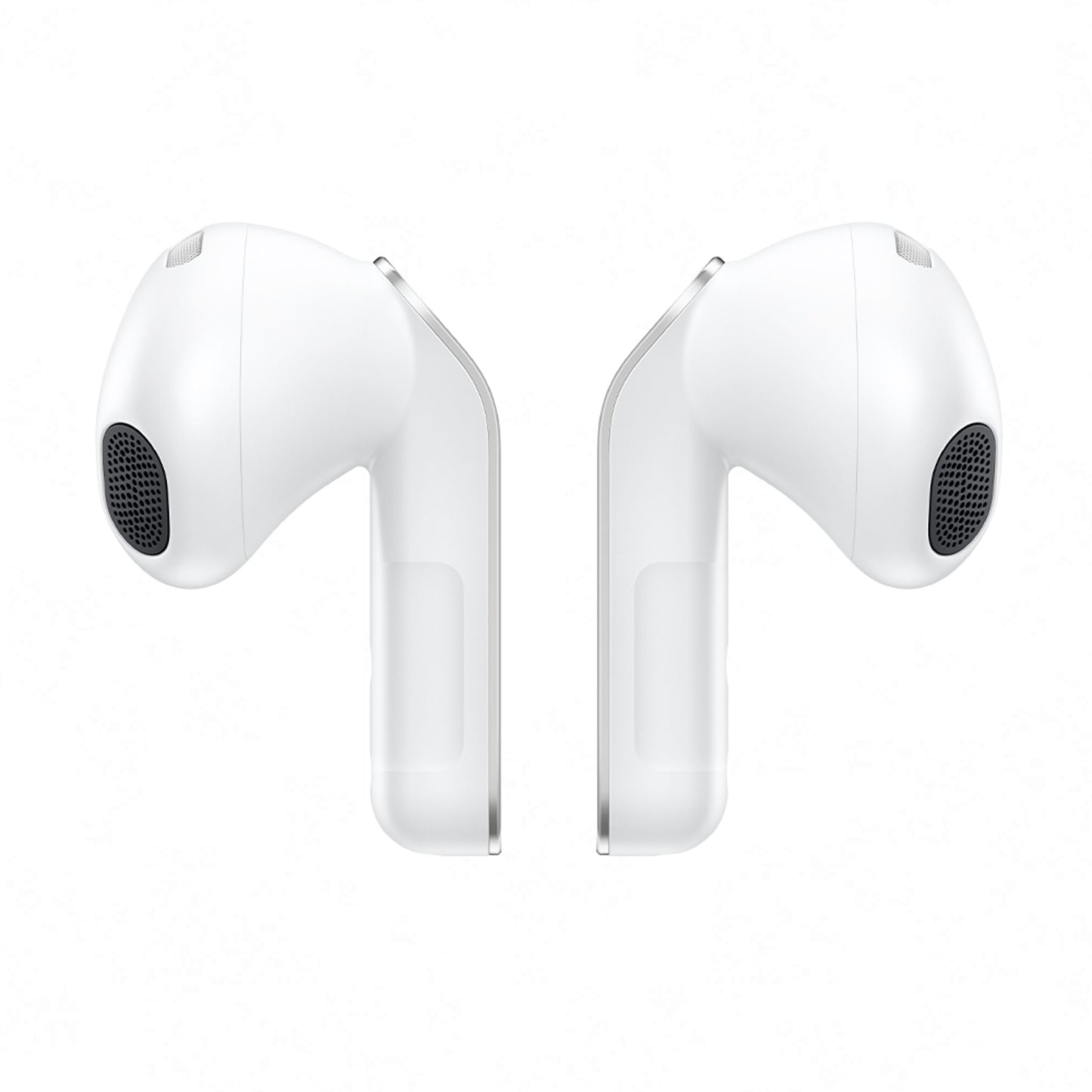 Samsung Galaxy Buds4 hvide trådløse høretelefoner set fra inderside og yderside med sorte højtalergrill og aktiv støjreduktion.