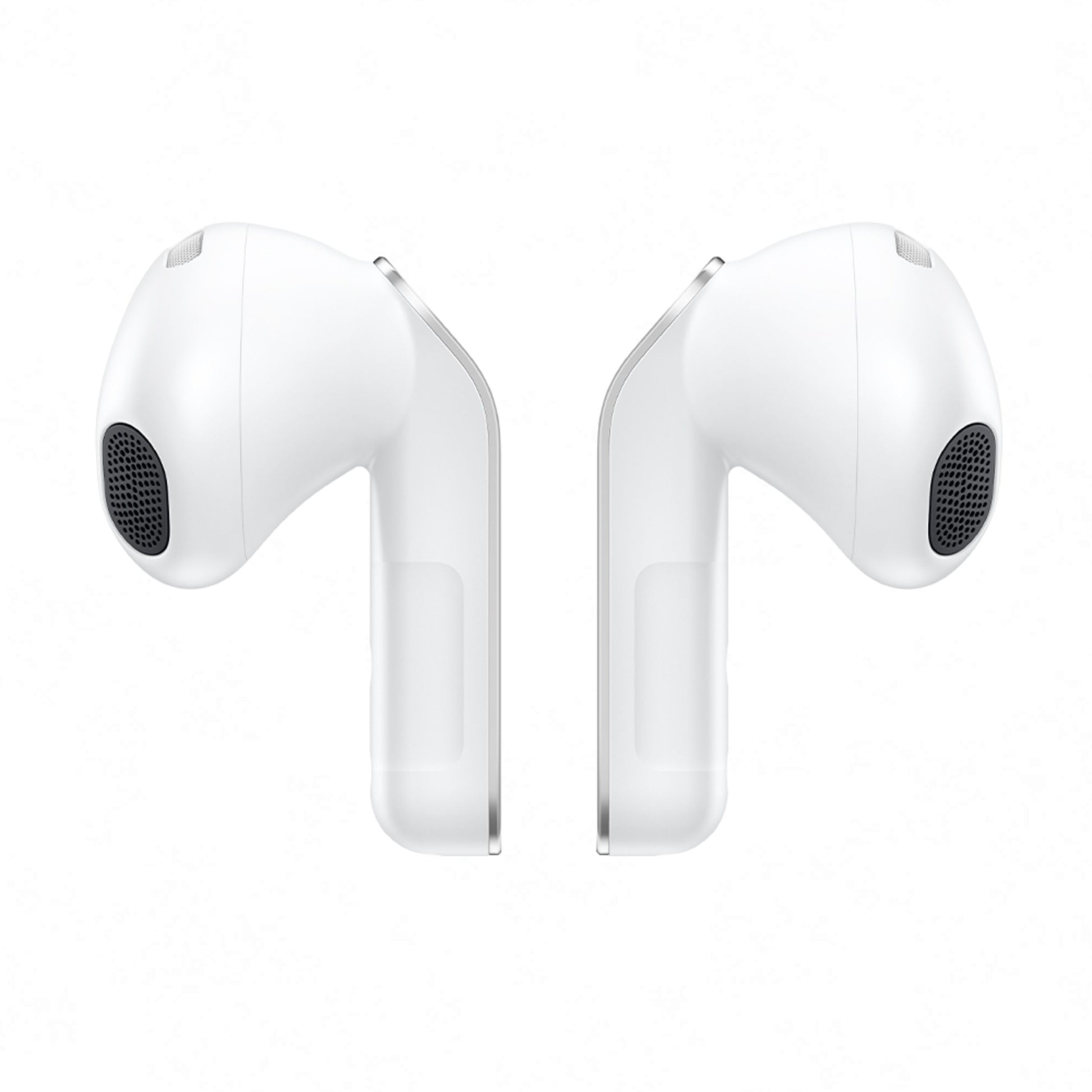 Samsung Galaxy Buds4 hvide trådløse høretelefoner set fra inderside og yderside med sorte højtalergrill og aktiv støjreduktion.