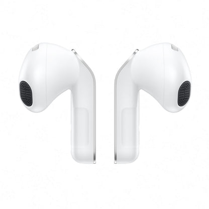 Samsung Galaxy Buds4 hvide trådløse høretelefoner set fra inderside og yderside med sorte højtalergrill og aktiv støjreduktion.