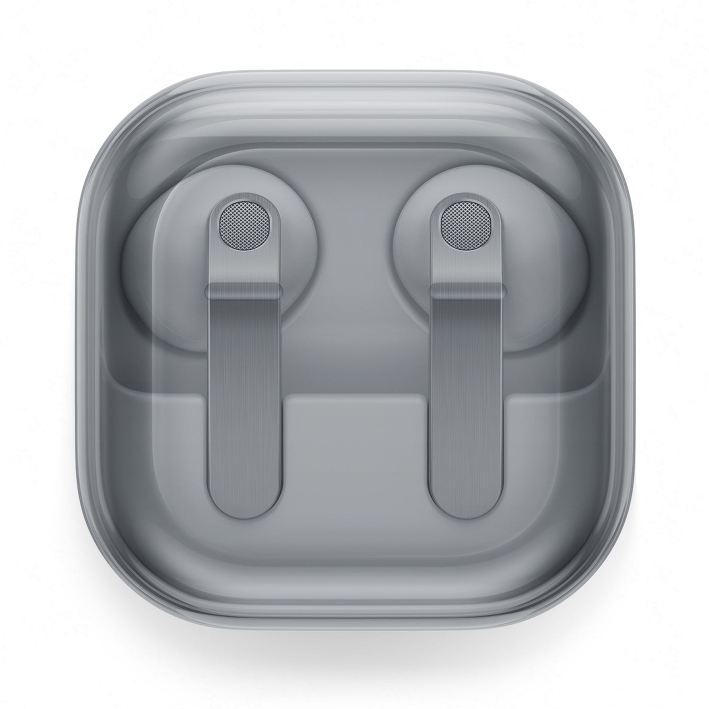 Samsung Galaxy Buds4 hvide trådløse høretelefoner med aktiv støjreduktion i kvadratisk transparent opladeetui.