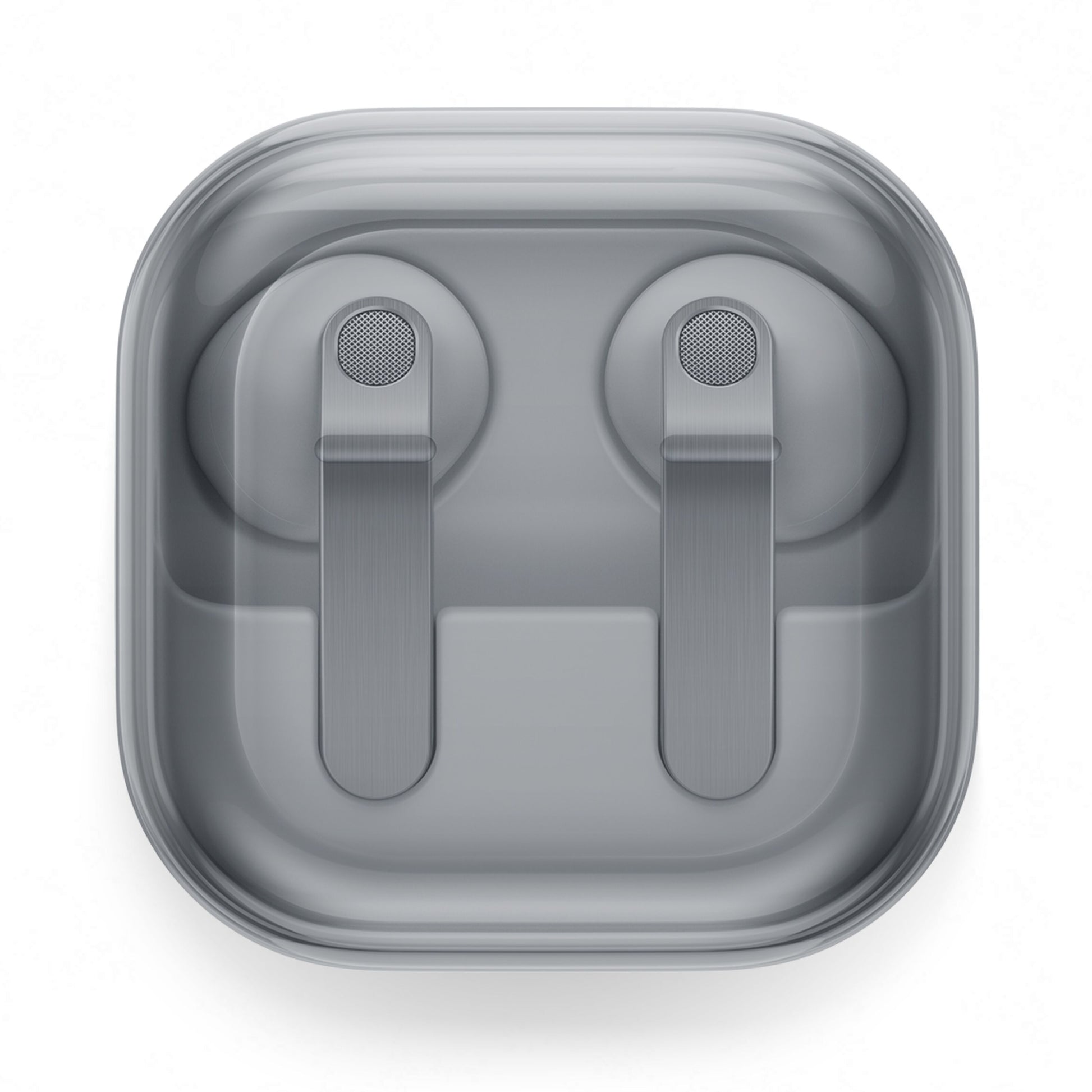 Samsung Galaxy Buds4 hvide trådløse høretelefoner med aktiv støjreduktion i kvadratisk transparent opladeetui.