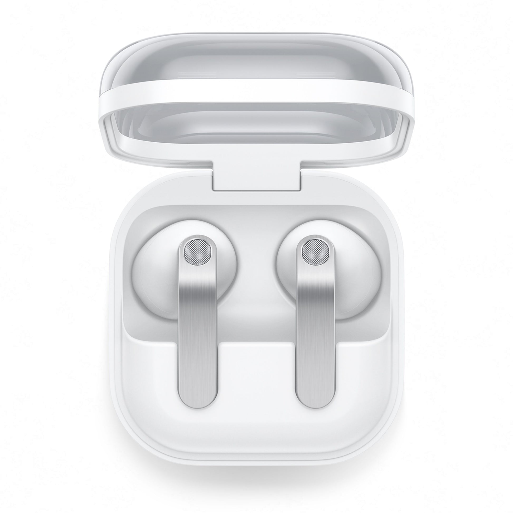 Samsung Galaxy Buds4 hvide trådløse høretelefoner med sølvdetaljer i åbent etui set ovnfra, aktiv støjreduktion.