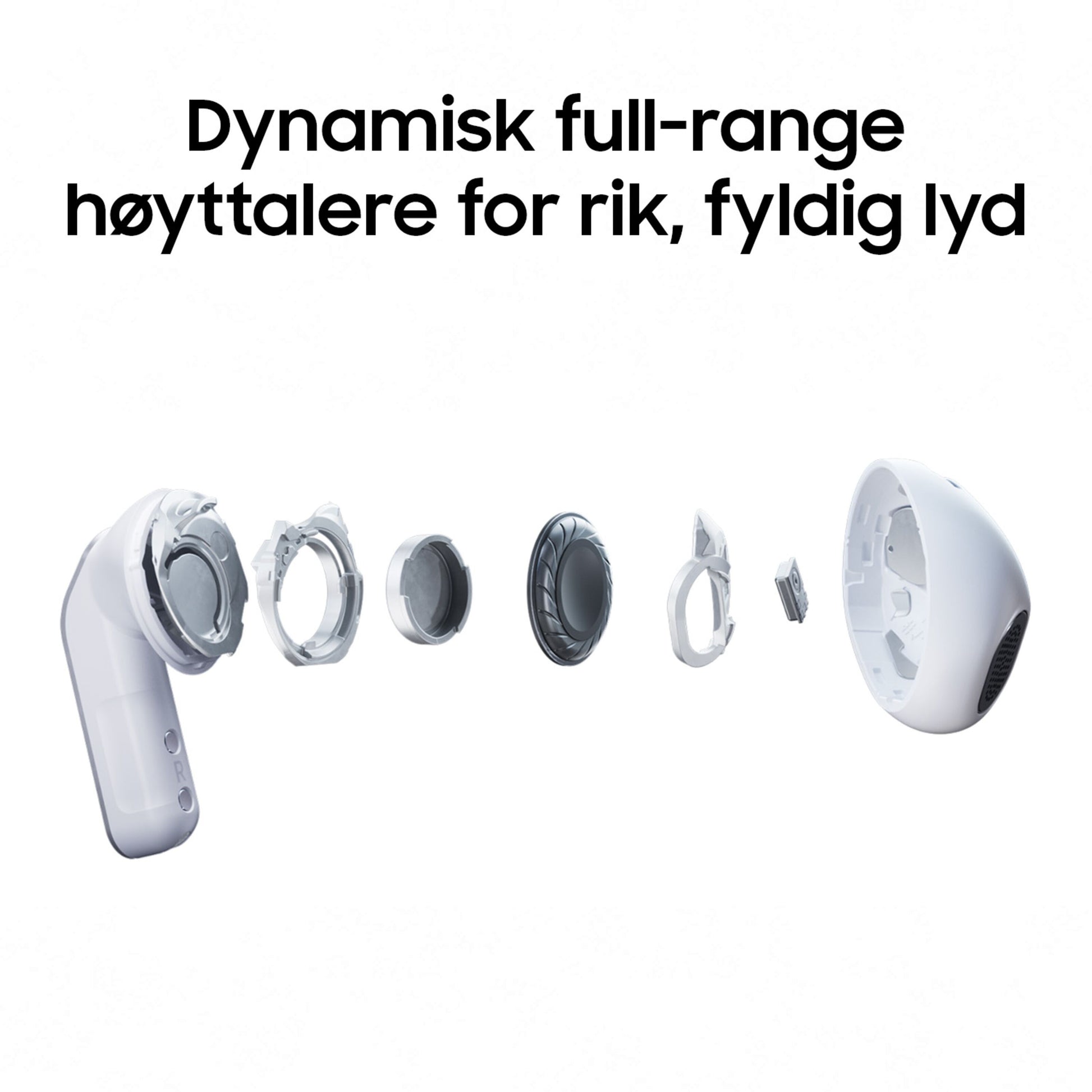 Samsung Galaxy Buds4 hvid med dynamiske full-range højtalere og aktiv støjreduktion, eksploderet visning.