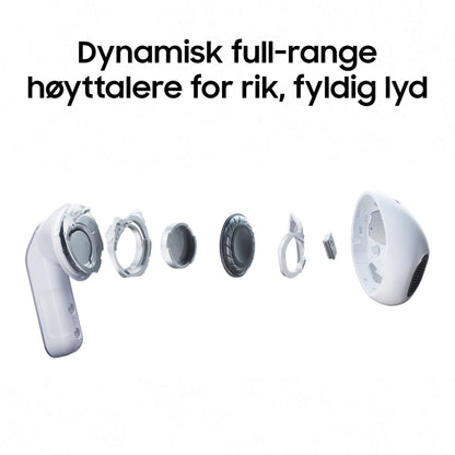 Samsung Galaxy Buds4 hvid med dynamiske full-range højtalere og aktiv støjreduktion, eksploderet visning.