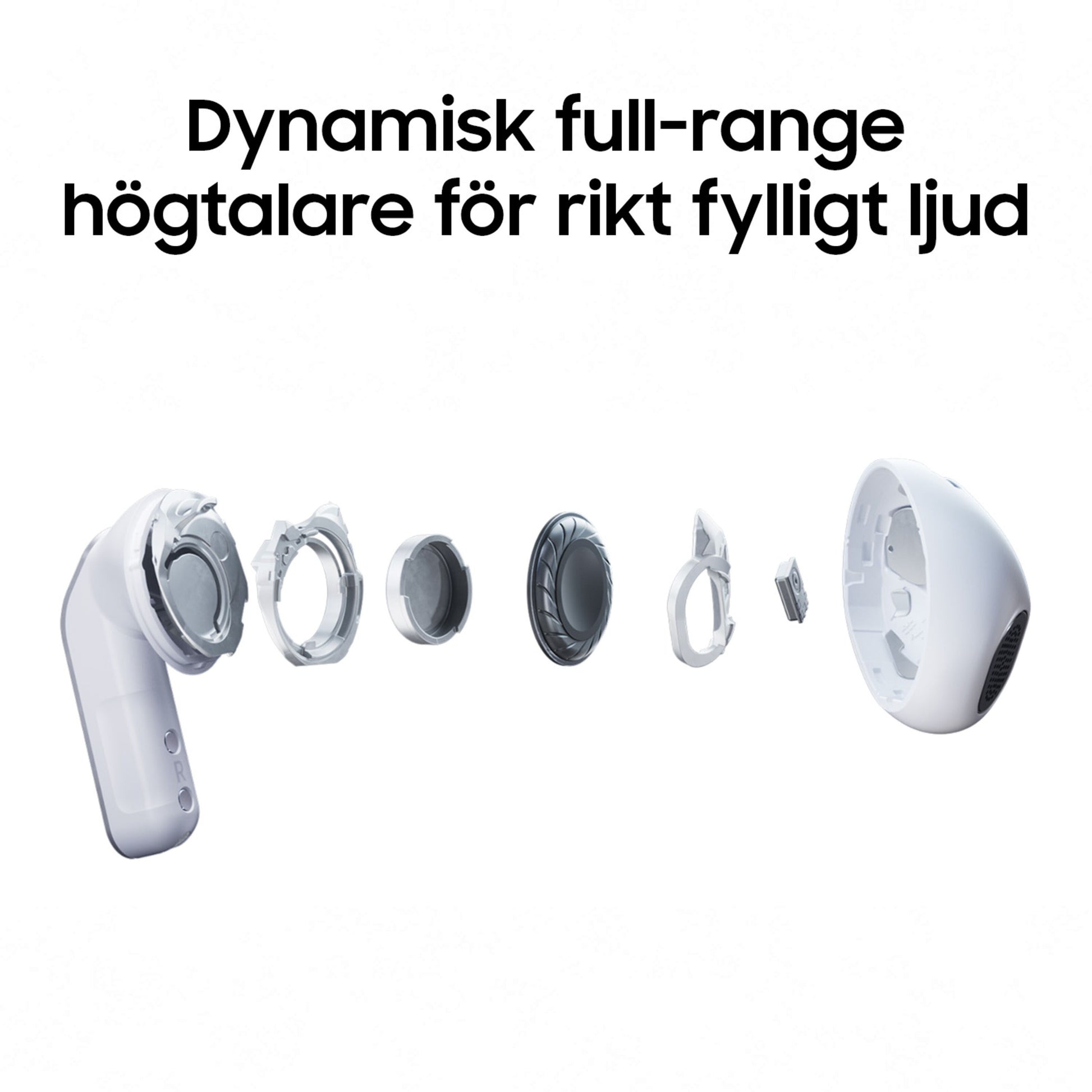 Samsung Galaxy Buds4 hvid, trådløse høretelefoner med aktiv støjreduktion, eksploderet visning af interne højttalere.