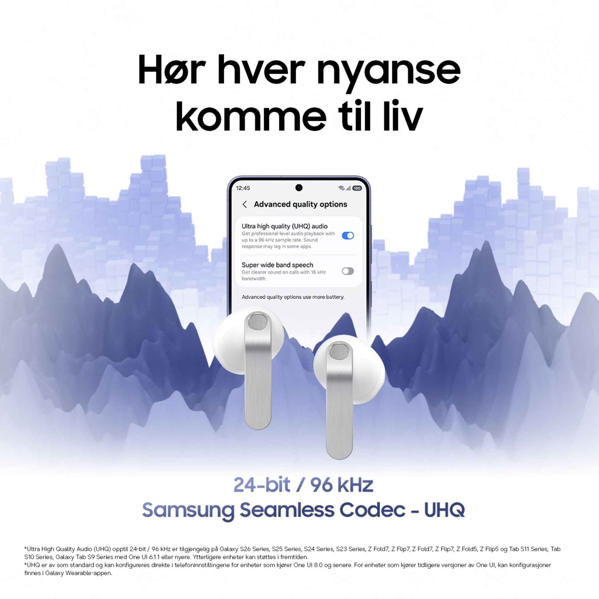 Samsung Galaxy Buds4 hvide trådløse høretelefoner, smartphone, 24-bit/96kHz, aktiv støjreduktion, blå baggrund.