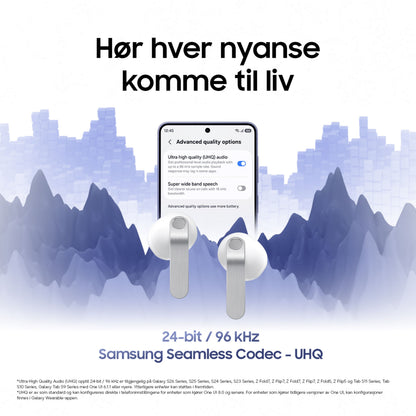 Samsung Galaxy Buds4 hvide trådløse høretelefoner, smartphone, 24-bit/96kHz, aktiv støjreduktion, blå baggrund.