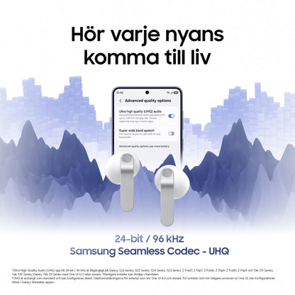 Samsung Galaxy Buds4 hvid trådløse høretelefoner ved siden af smartphone, tekniske specifikationer, Samsung-logo synligt.