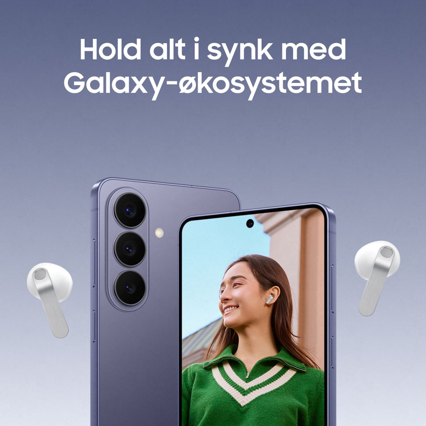 Samsung Galaxy-smartphone og Galaxy Buds4 hvid med aktiv støjreduktion, smartphone viser kvinde med høretelefoner.