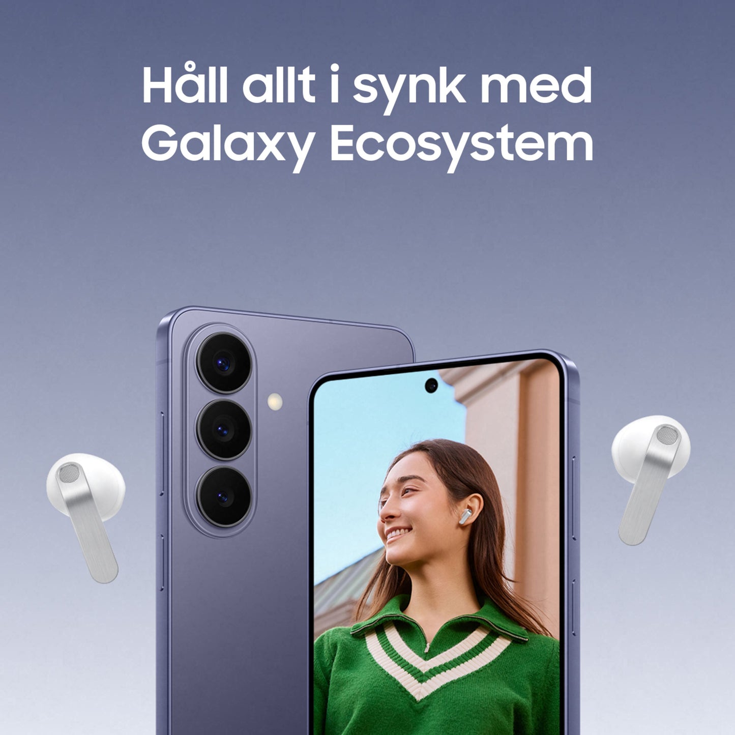 Samsung Galaxy Buds4 Hvid ved siden af smartphone, aktiv støjreduktion, trådløse høretelefoner.