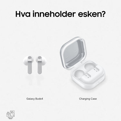 Samsung Galaxy Buds4 Hvid trådløse ørepropper og åben opladningsetui, norsk tekst: "Hva inneholder esken?.