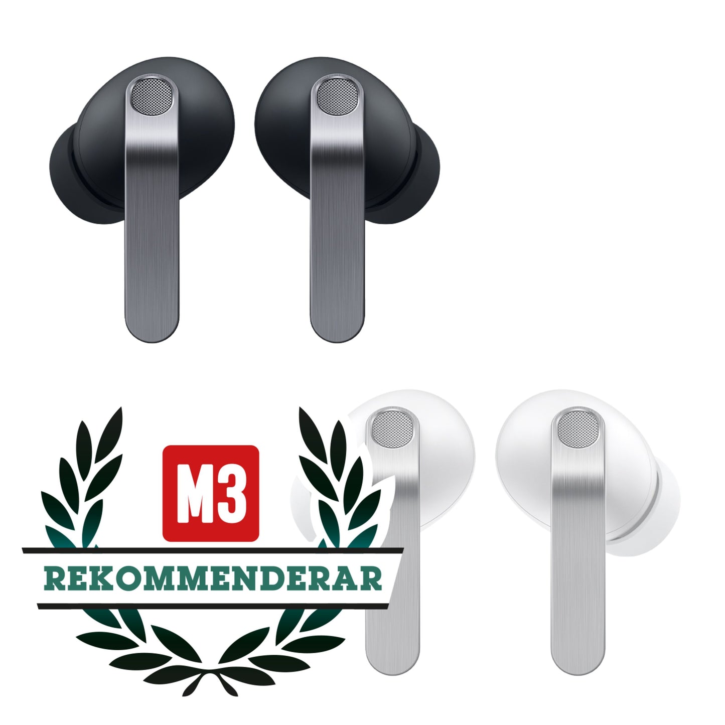 Samsung Galaxy Buds4 Pro Sort og hvide ørepropper med aktiv støjreduktion, M3 REKOMMENDERAR-logo synligt.