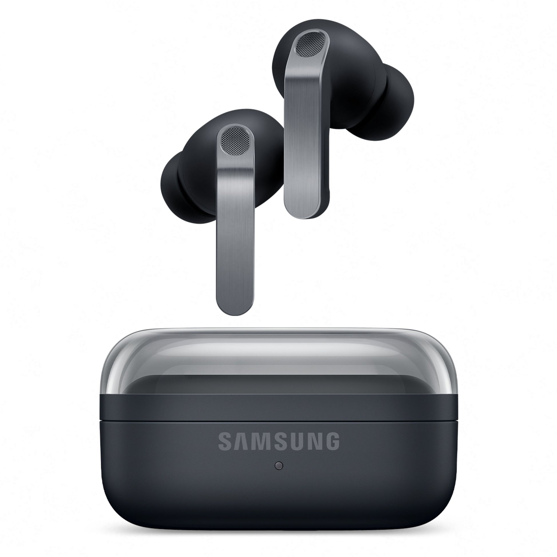 Samsung Galaxy Buds4 Pro Sort trådløse ørepropper over sort ladeetui med gennemsigtig låg og Samsung-logo, 24-bit Hi-Fi-lyd.