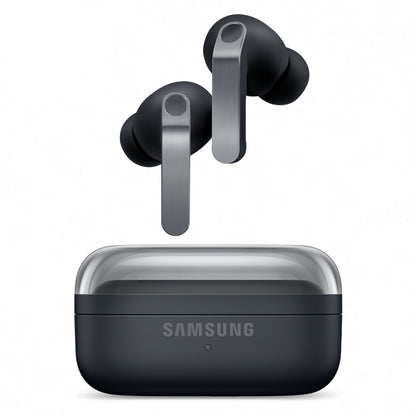 Samsung Galaxy Buds4 Pro Sort trådløse ørepropper over sort ladeetui med gennemsigtig låg og Samsung-logo, 24-bit Hi-Fi-lyd.