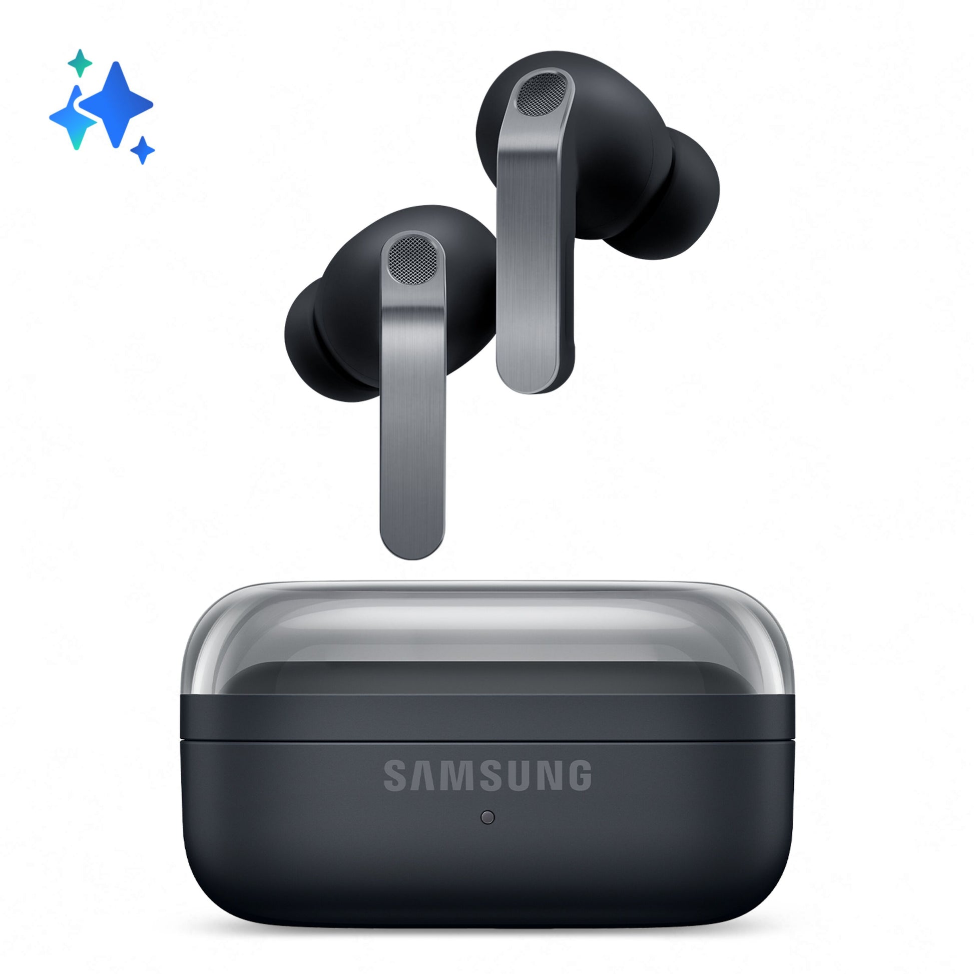 Samsung Galaxy Buds4 Pro sort trådløse ørepropper med lange stænger, opladeetui, aktiv støjreduktion, 24-bit Hi-Fi-lyd.