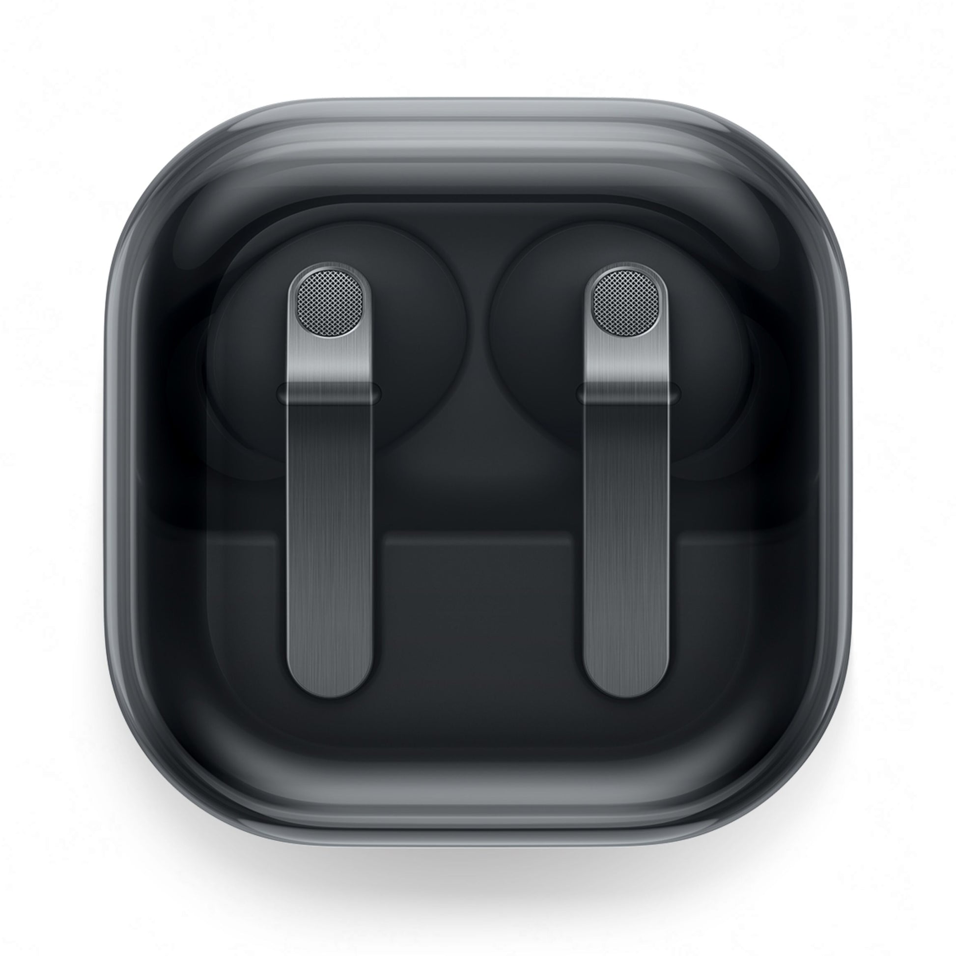 Samsung Galaxy Buds4 Pro sort, sort etui med to ørepropper, 24-bit Hi-Fi-lyd, aktiv støjreduktion, top-down vinkel.