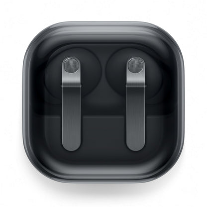Samsung Galaxy Buds4 Pro sort, sort etui med to ørepropper, 24-bit Hi-Fi-lyd, aktiv støjreduktion, top-down vinkel.