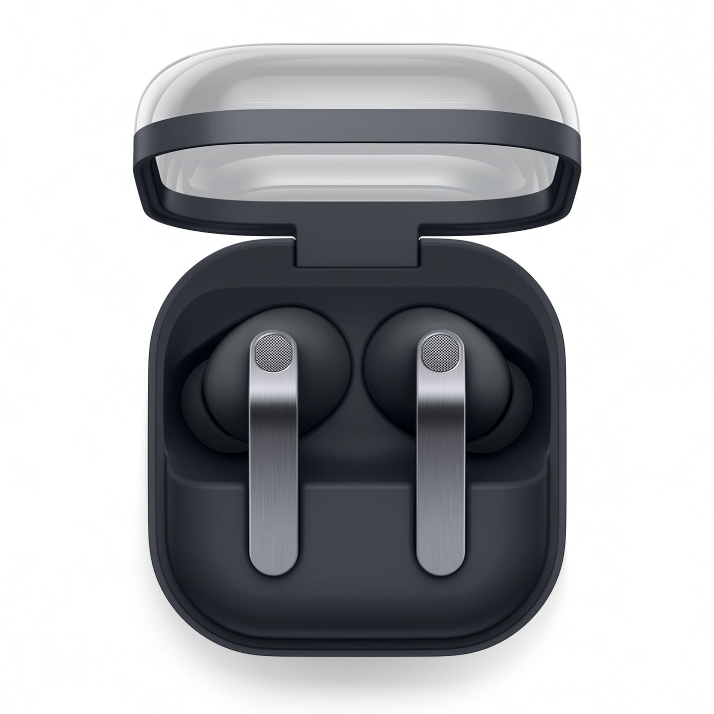 Samsung Galaxy Buds4 Pro sorterer trådløse ørepropper med 24-bit Hi-Fi-lyd i åben opladeretui med gennemsigtigt låg set oppefra.