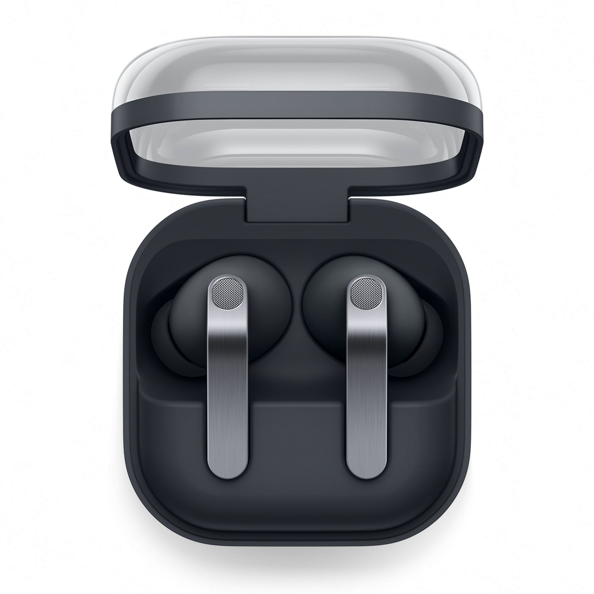 Samsung Galaxy Buds4 Pro sorterer trådløse ørepropper med 24-bit Hi-Fi-lyd i åben opladeretui med gennemsigtigt låg set oppefra.