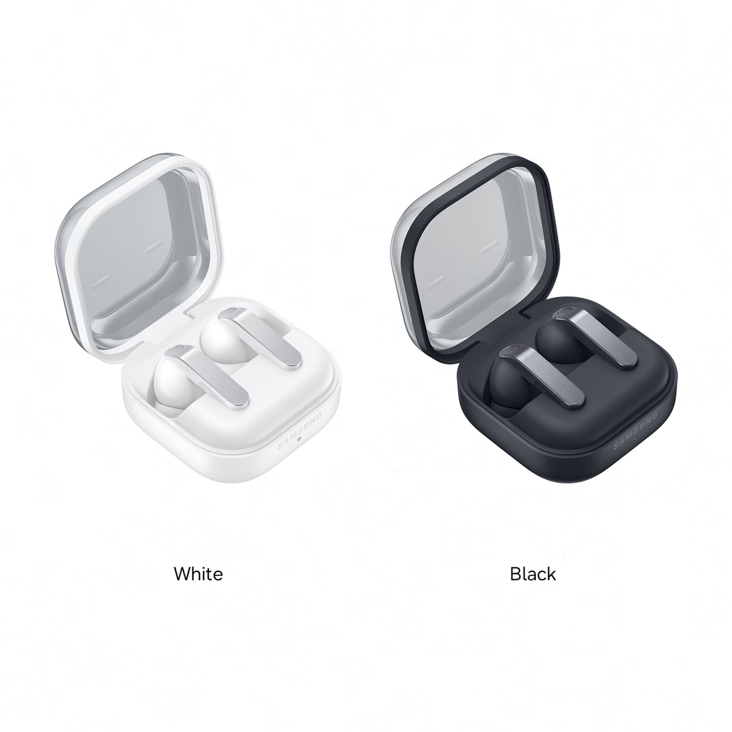 Samsung Galaxy Buds4 Pro trådløse ørepropper, aktiv støjreduktion, 24-bit Hi-Fi lyd, i hvide og sorte opladningsetui.