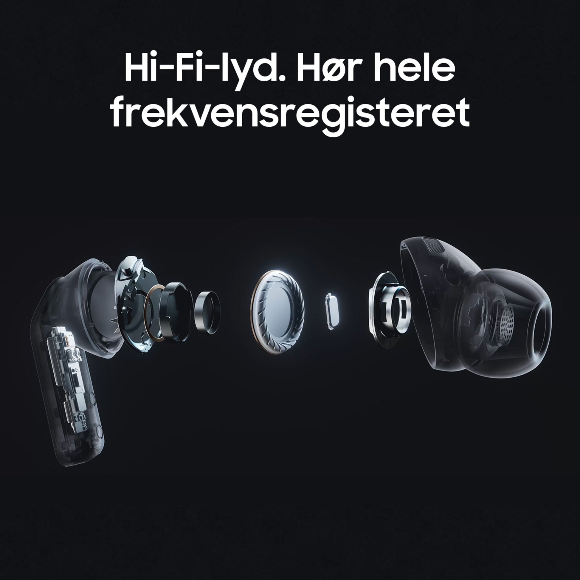 Samsung Galaxy Buds4 Pro Sort eksploderet visning, indre dele, tekst: Hi-Fi-lyd, 24-bit Hi-Fi og aktiv støjreduktion.