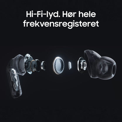 Samsung Galaxy Buds4 Pro Sort eksploderet visning, indre dele, tekst: Hi-Fi-lyd, 24-bit Hi-Fi og aktiv støjreduktion.