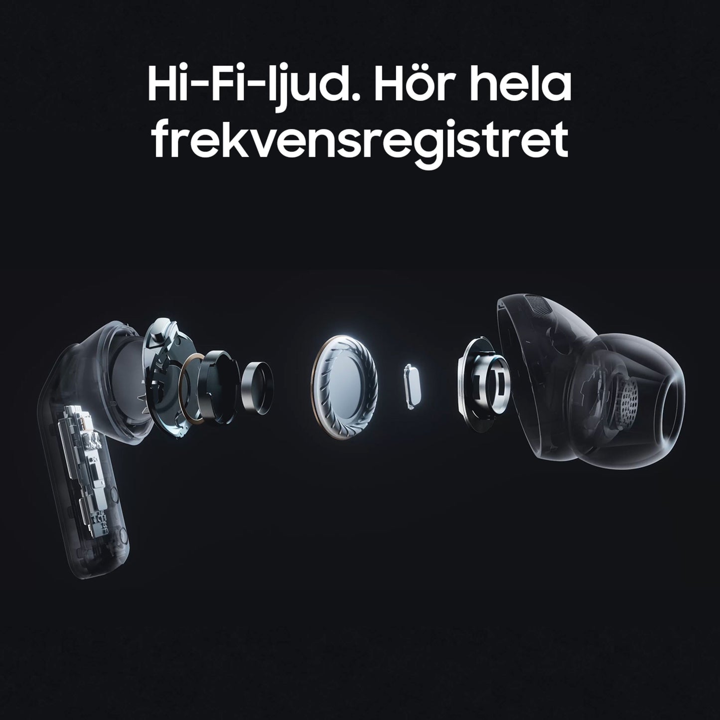 Samsung Galaxy Buds4 Pro Sort eksploderet visning af indre dele, svensk tekst: Hi-Fi-ljud, aktiv støjreduktion, 24-bit lyd.