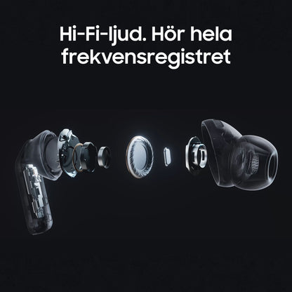 Samsung Galaxy Buds4 Pro Sort eksploderet visning af indre dele, svensk tekst: Hi-Fi-ljud, aktiv støjreduktion, 24-bit lyd.
