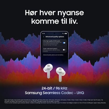 Samsung Galaxy Buds4 Pro Sort, hvide ørepropper med aktiv støjreduktion, 24-bit Hi-Fi-lyd, dansk tekst på mobilskærm.