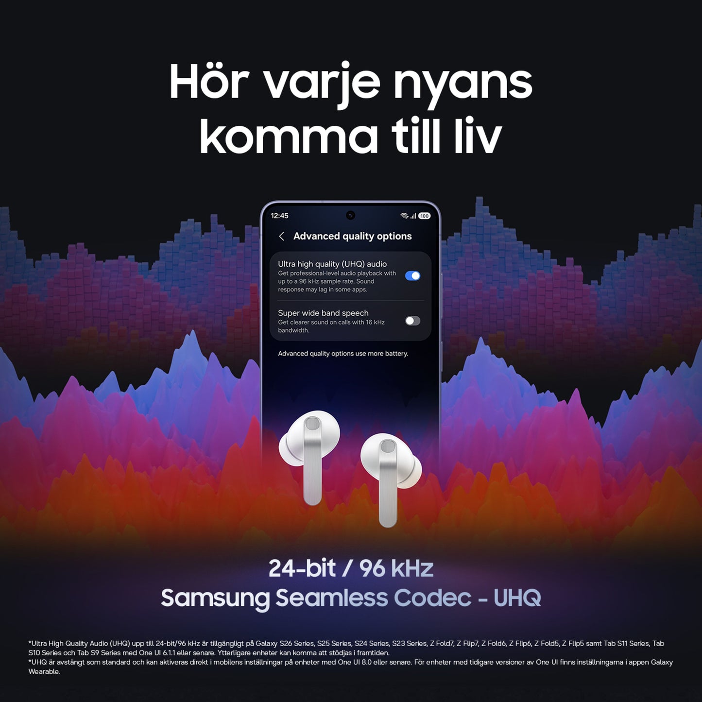 Samsung Galaxy Buds4 Pro sort foran smartphone, Advanced Quality Options, UHQ-lyd, farvede lydbølger, 24-bit Hi-Fi.
