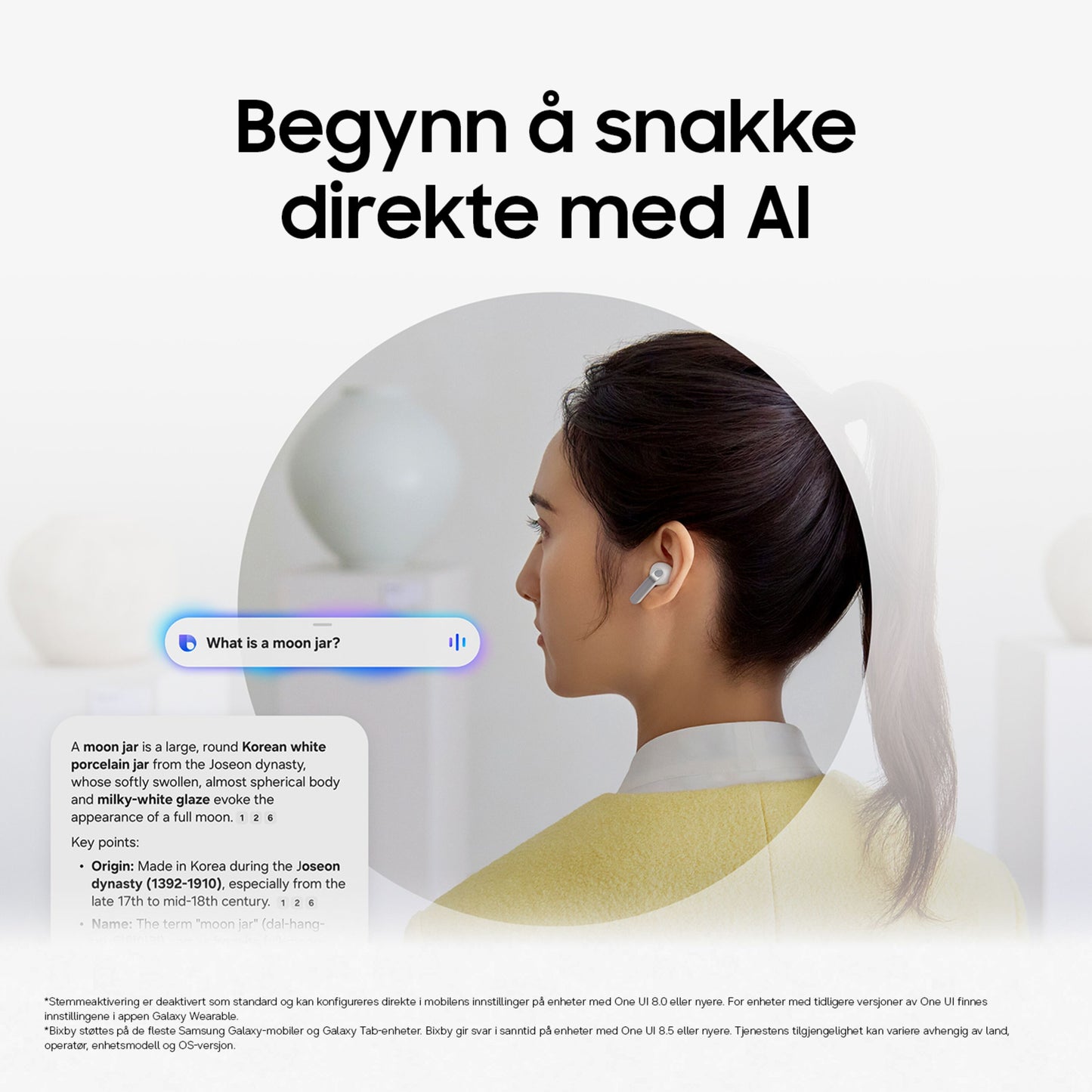 Samsung Galaxy Buds4 Pro Sort in-ear, aktiv støjreduktion, synlig Bixby AI-funktion, norsk tekst: Begynd at tale direkte med AI.