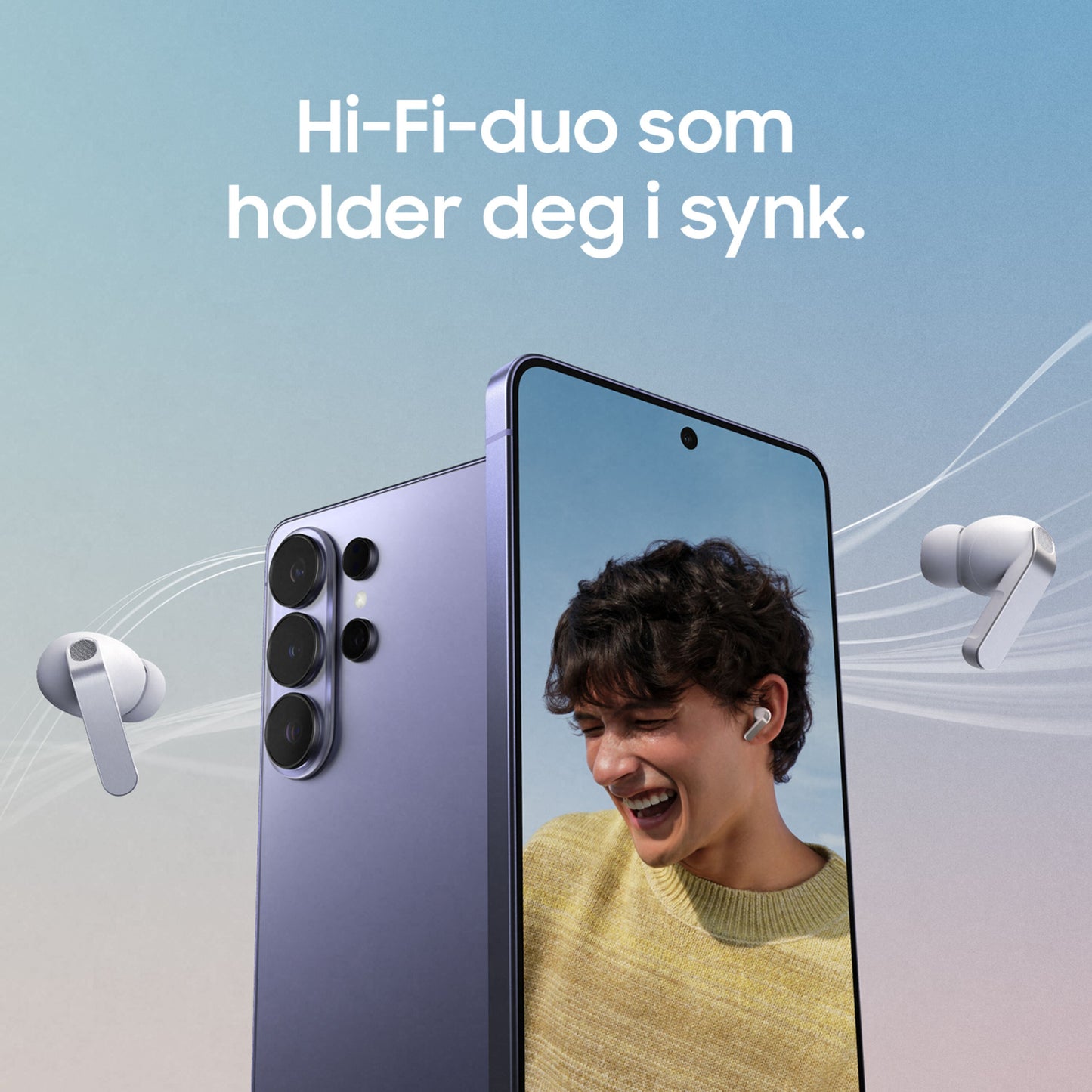 Samsung Galaxy Buds4 Pro Sort, 24-bit Hi-Fi-lyd, aktiv støjreduktion, vises på smartphone med tre bagkameraer.