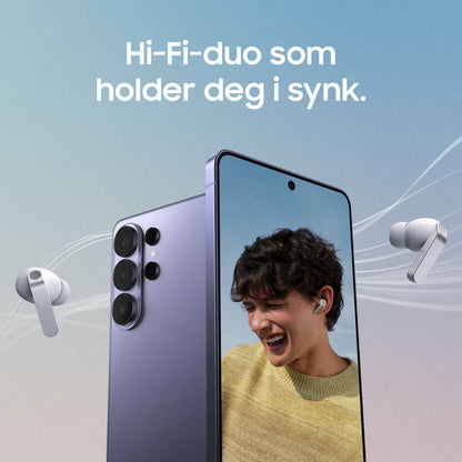 Samsung Galaxy Buds4 Pro Sort, 24-bit Hi-Fi-lyd, aktiv støjreduktion, vises på smartphone med tre bagkameraer.