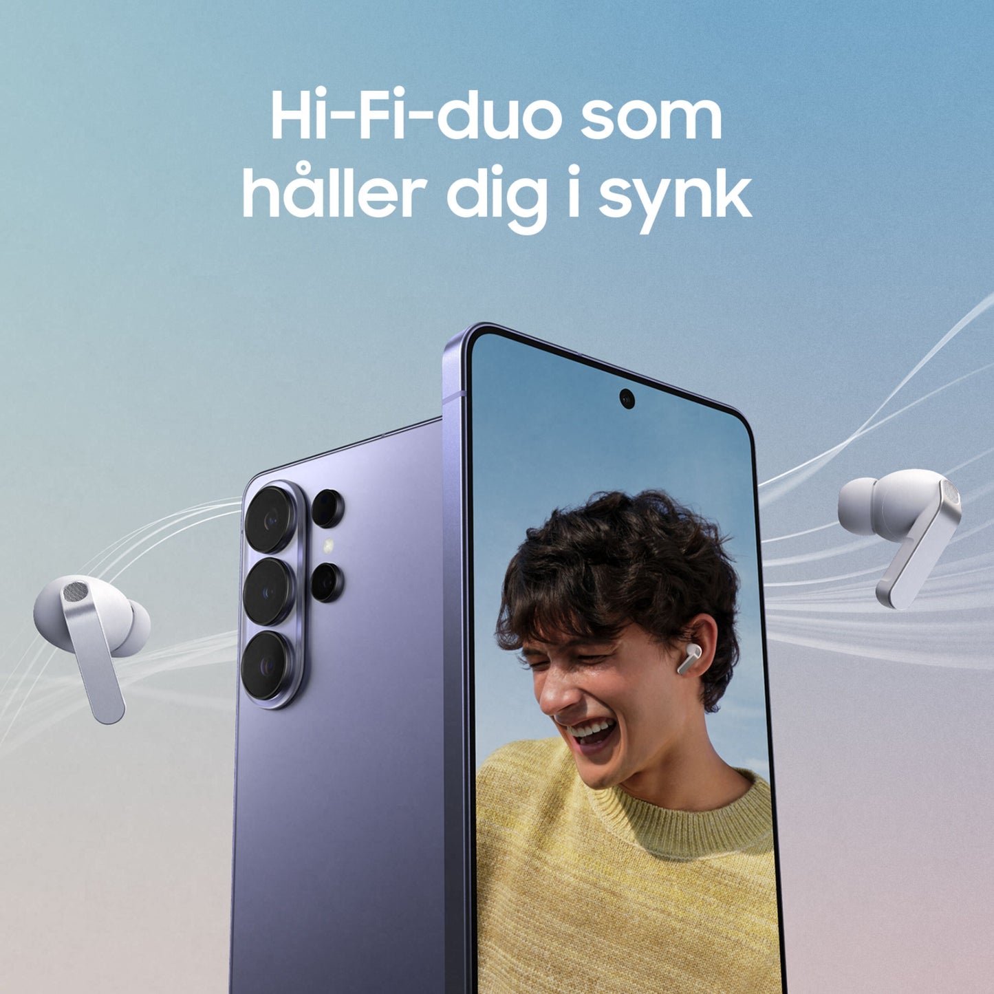 Samsung Galaxy Buds4 Pro Sort med aktiv støjreduktion vises på mobilskærm, øretelefoner ses ved siden af.