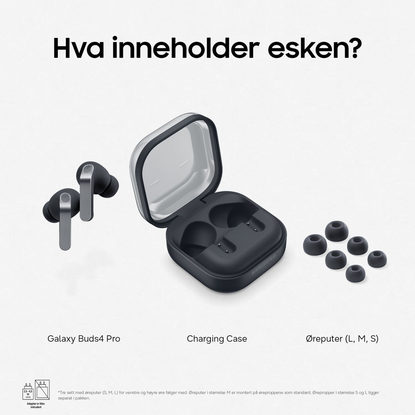 Samsung Galaxy Buds4 Pro sort, med øretelefoner, opladeretui og tre størrelser øretipper, 24-bit Hi-Fi-lyd, ANC.