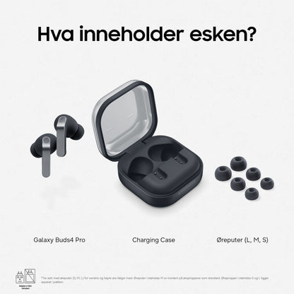 Samsung Galaxy Buds4 Pro sort, med øretelefoner, opladeretui og tre størrelser øretipper, 24-bit Hi-Fi-lyd, ANC.