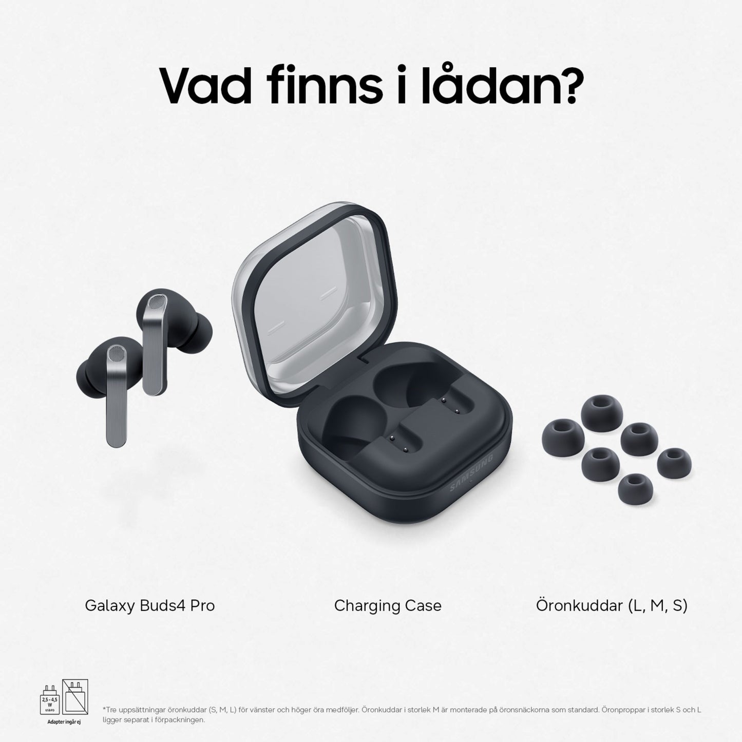 Samsung Galaxy Buds4 Pro sort, trådløse ørepropper med 24-bit Hi-Fi-lyd, aktiv støjreduktion, åbent etui og 3 silikoneprop-størrelser.