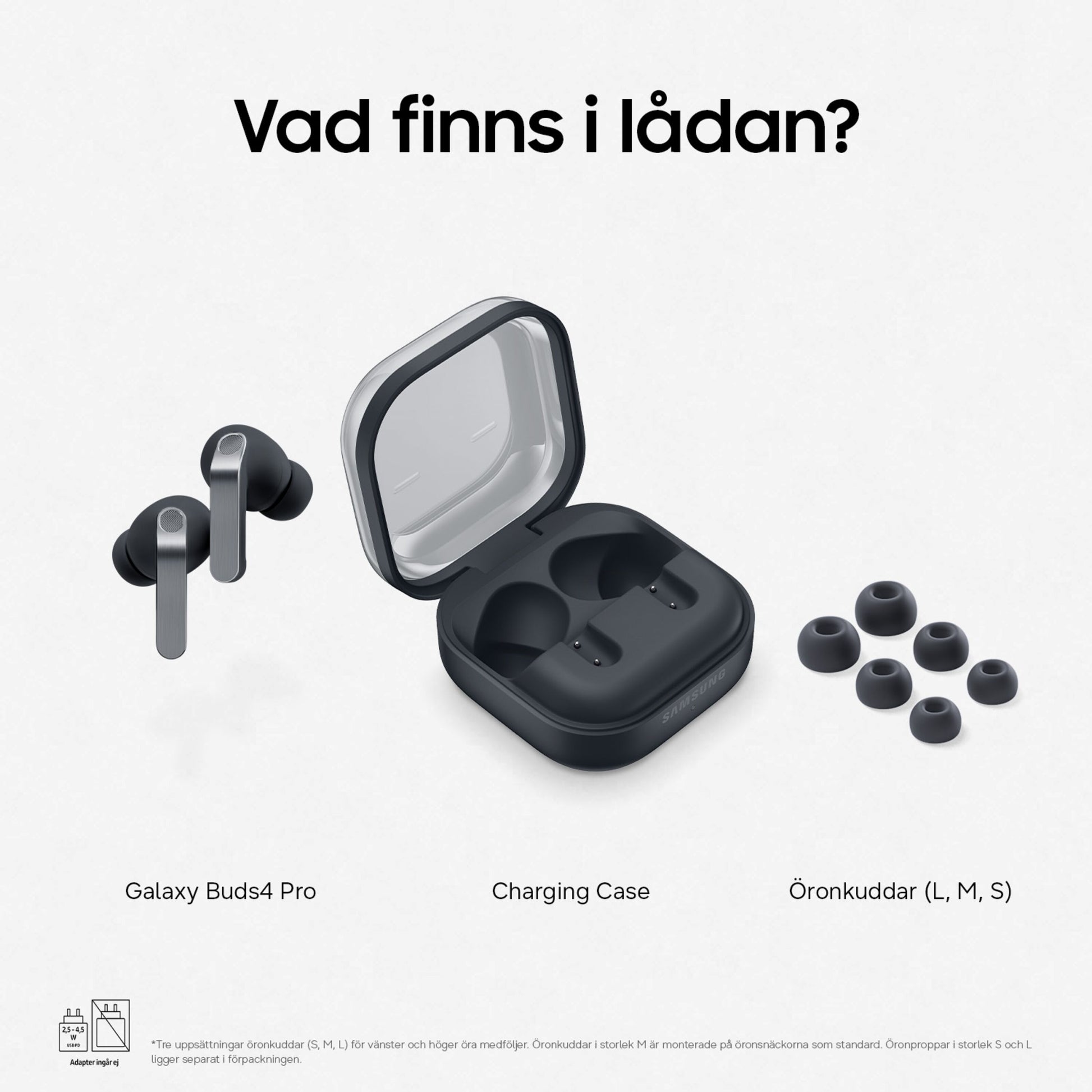 Samsung Galaxy Buds4 Pro sort, trådløse ørepropper med 24-bit Hi-Fi-lyd, aktiv støjreduktion, åbent etui og 3 silikoneprop-størrelser.