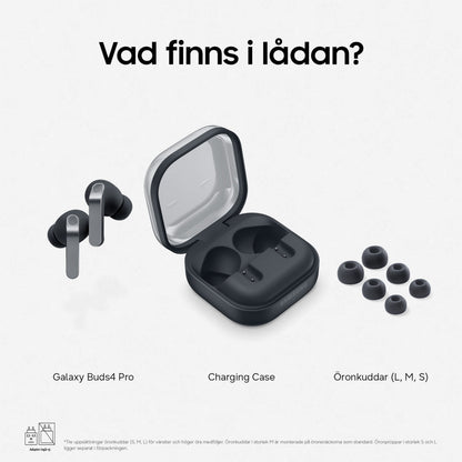 Samsung Galaxy Buds4 Pro sort, trådløse ørepropper med 24-bit Hi-Fi-lyd, aktiv støjreduktion, åbent etui og 3 silikoneprop-størrelser.