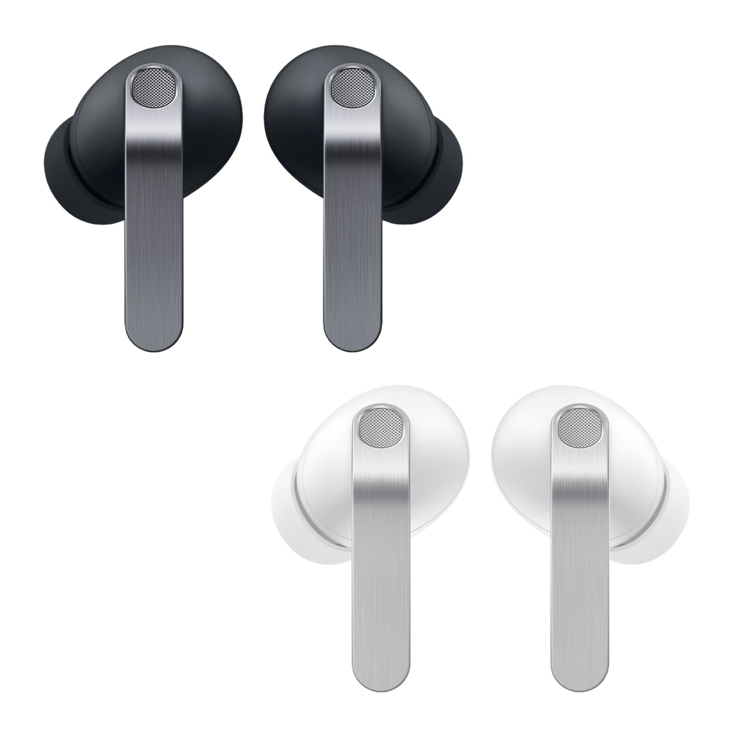 Samsung Galaxy Buds4 Pro sorte trådløse ørepropper med metallisk vertikal stilk, cirkulært net, aktiv støjreduktion og 24-bit Hi-Fi-lyd.