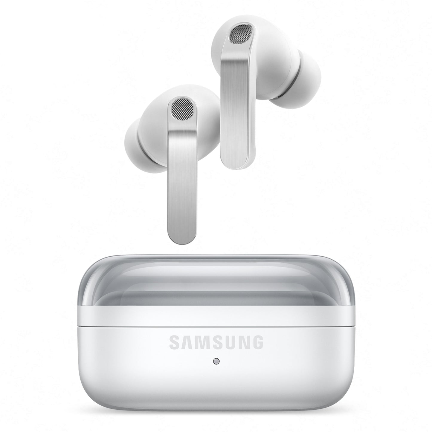 Samsung Galaxy Buds4 Pro hvide trådløse in-ear høretelefoner med aktiv støjreduktion og matchende ladeudstyr.