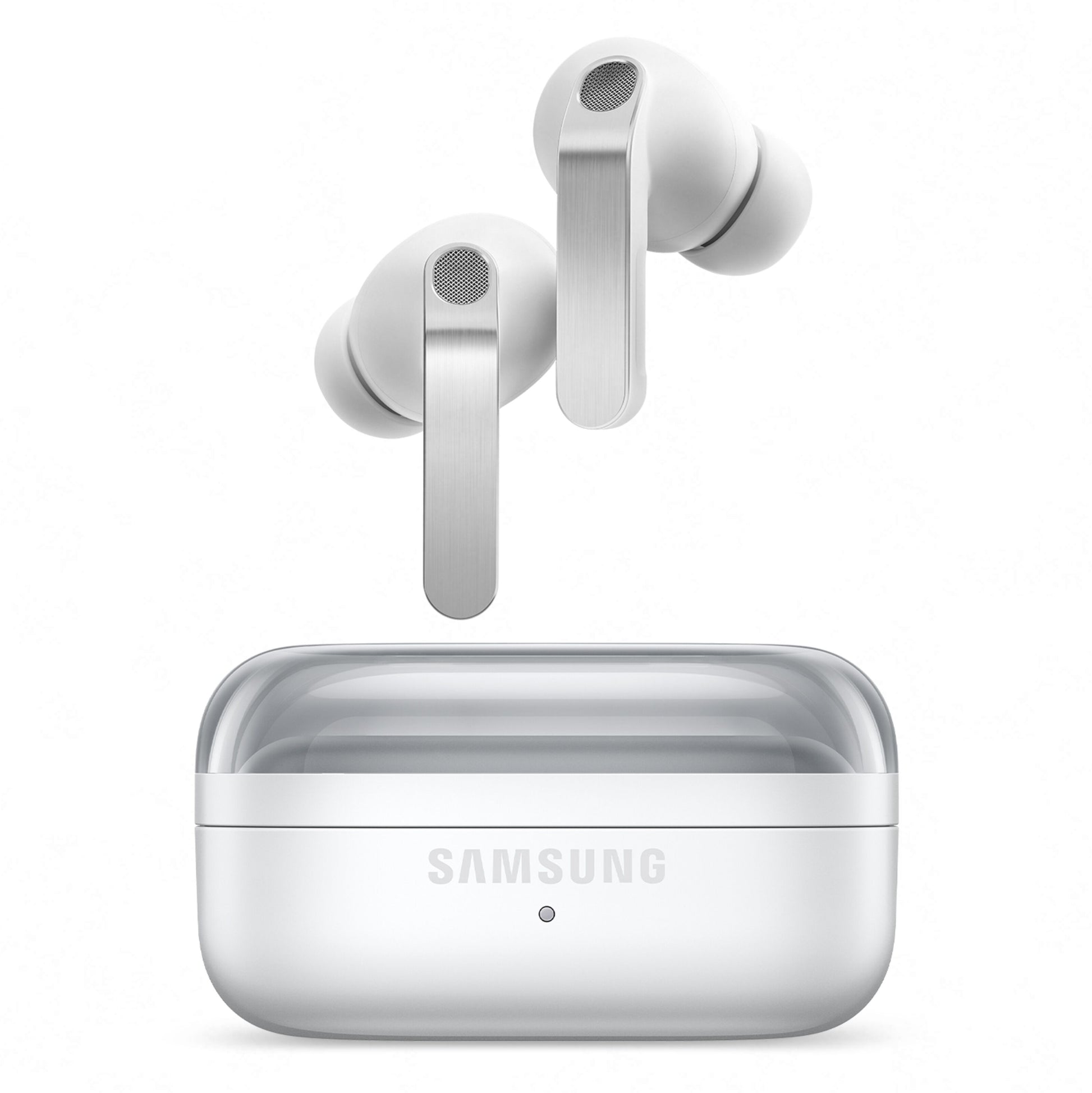Samsung Galaxy Buds4 Pro hvide trådløse in-ear høretelefoner med aktiv støjreduktion og matchende ladeudstyr.