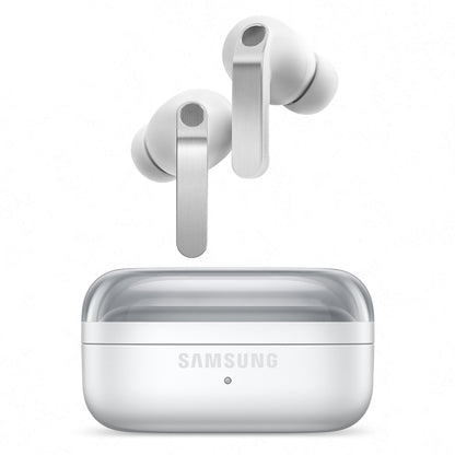 Samsung Galaxy Buds4 Pro hvide trådløse in-ear høretelefoner med aktiv støjreduktion og matchende ladeudstyr.
